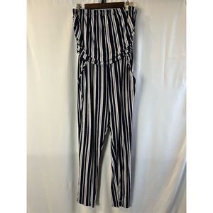 Women's Strapless Blue Stripe Jumpsuit M Wide Leg Pockets Boho Style